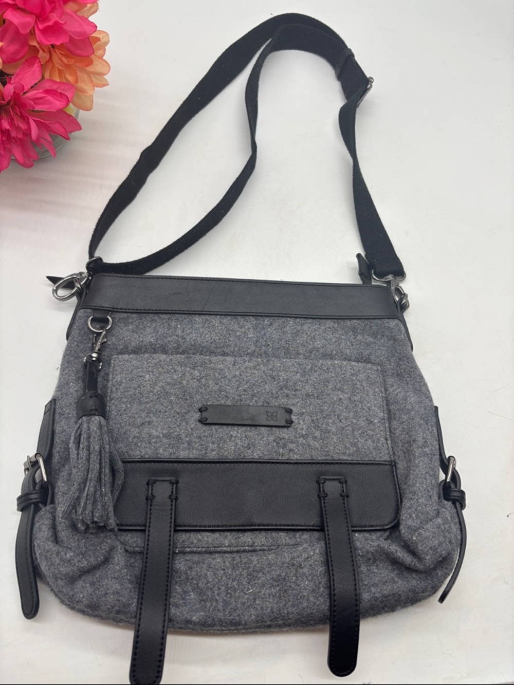 Sherpani Gray Felt Crossbody Bag with Black Trim